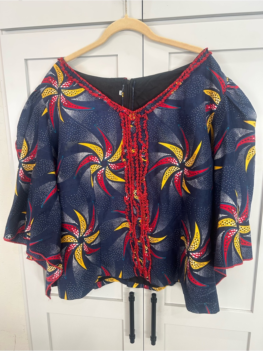 Custom African 2xl Navy Flutter Sleeve Tunic with Red Trim